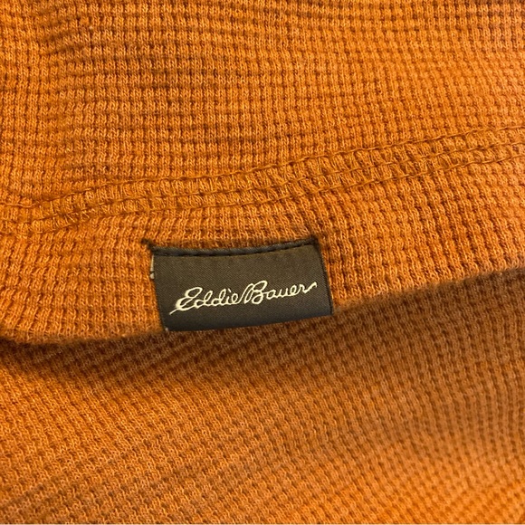 Eddie Bauer Mens L Burnt Orange Mustard Waffle knit 1/4 Button Long Sleeve Shirt - Picture 6 of 10